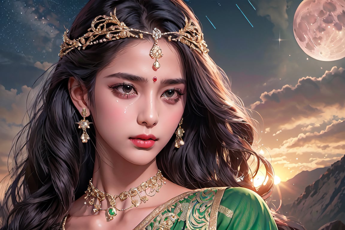 RWA photo, best quality, masterpiece, 8K resolution, ((solo:1.3)), ((1girl)), Indian beautiful teen girl, exquisite facial features, wearing luxurious green saree, adorned with elaborate golden earrings and headpiece, ((black long hair)), ((wavy hair)), ((dark skin)), black eyes, tears, close up portrait, perfect figure, cinematic lighting, in starlit night with big moon, at acieny palace