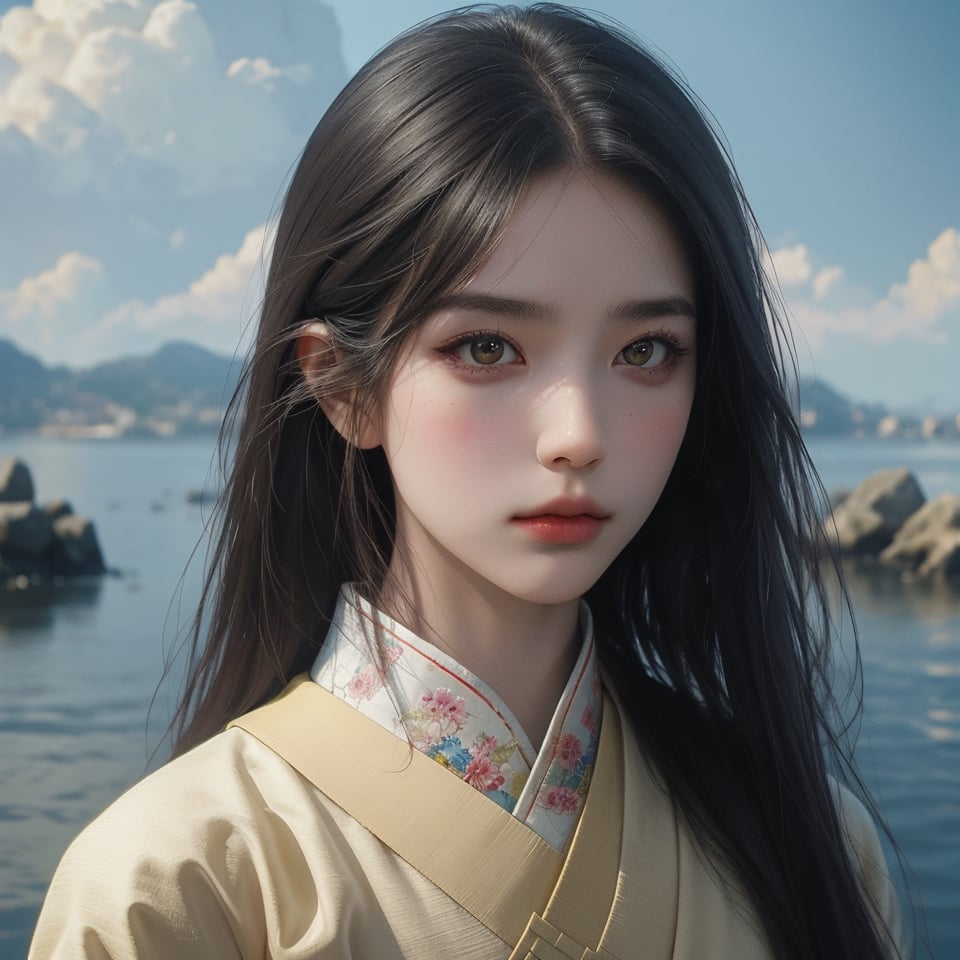 RWA photo, best quality, masterpiece, 8K resolution, beauiful girl, (exquisite facial features: 1.3), wearing white ancient Chinese costume, ready for battle, (black long straight hair flowing down), (yellow eyes), close up portrait, looking away, surreal style, illustration, perfect figure, cinematic texture, soft colors, exquisite details and textures, divine presence, vivid color reflections