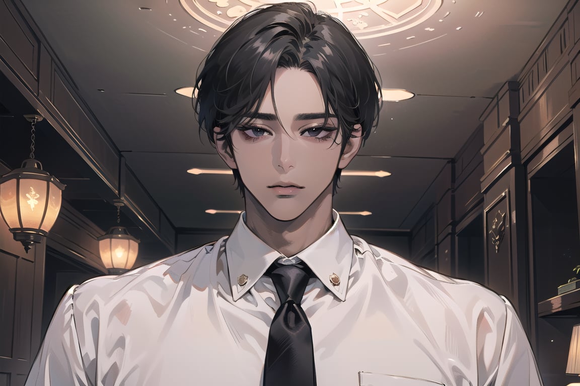 ((black very short hair)), (((dark skin:1.5))), ((center-parting bangs:1.4)), black eyes, mature, angular jaw, thick neck, ((white)) ((shirt:1.3)), short sleeve, red tie, by Raphael, masterpiece, upper body shot, magnificent indoor hall, Dichloe,1 man,1 boy