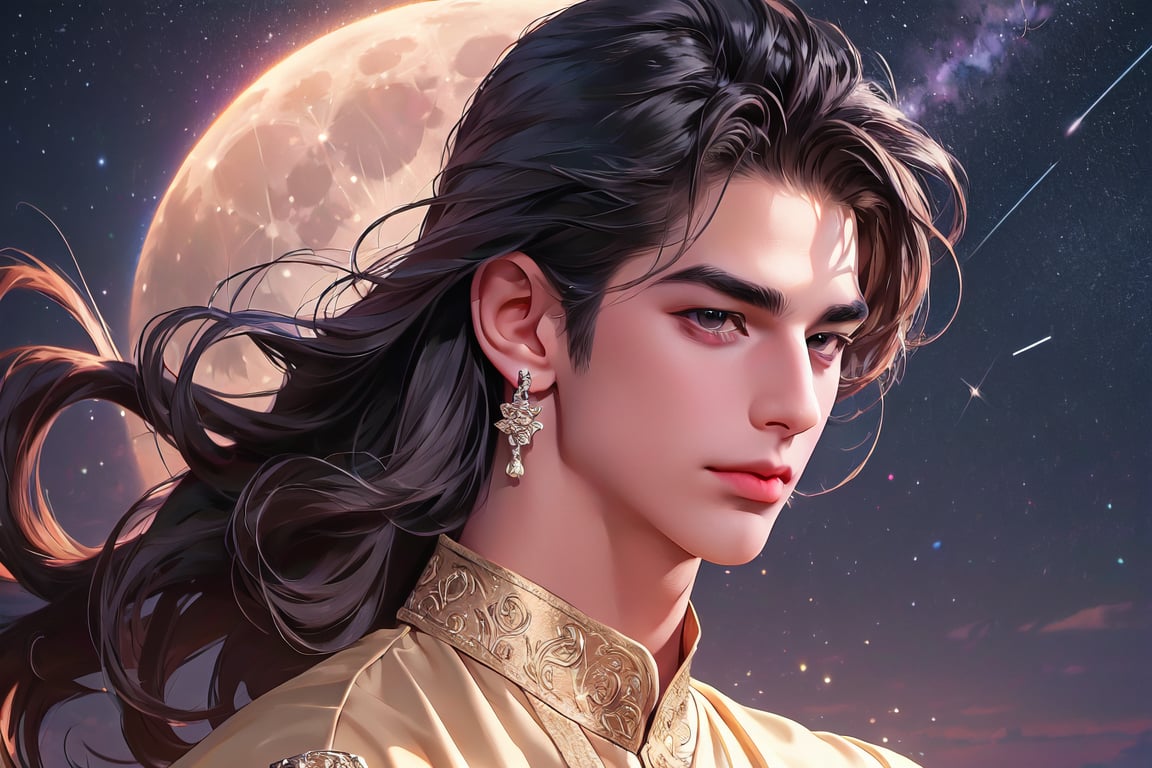 RWA photo, best quality, masterpiece, 8K resolution, ((solo:1.3)), ((1boy)), smirk, Europe handsome teen boy, exquisite facial features, wearing luxurious (purple Kurta), adorned with crystal earrings, ((light brown long wavy hair)), ((floating hair)), ((very dark skin)), ((very long bangs)), ((fat lip)), black eyes, ((thick eyebrows)), angular jaw, thick neck, close up portrait, perfect figure, cinematic lighting, in starlit night with (big moon)