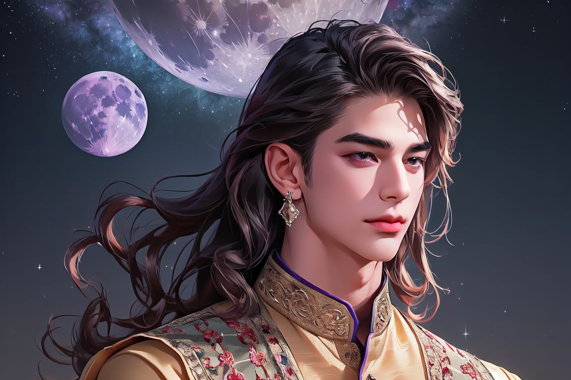 RWA photo, best quality, masterpiece, 8K resolution, ((solo:1.3)), ((1boy)), smirk, Europe handsome teen boy, exquisite facial features, wearing luxurious (purple Kurta), adorned with crystal earrings, ((light brown long wavy hair)), ((floating hair)), ((very dark skin)), ((fat lip)), black eyes, ((thick eyebrows)), angular jaw, thick neck, close up portrait, perfect figure, cinematic lighting, in starlit night with (big moon)