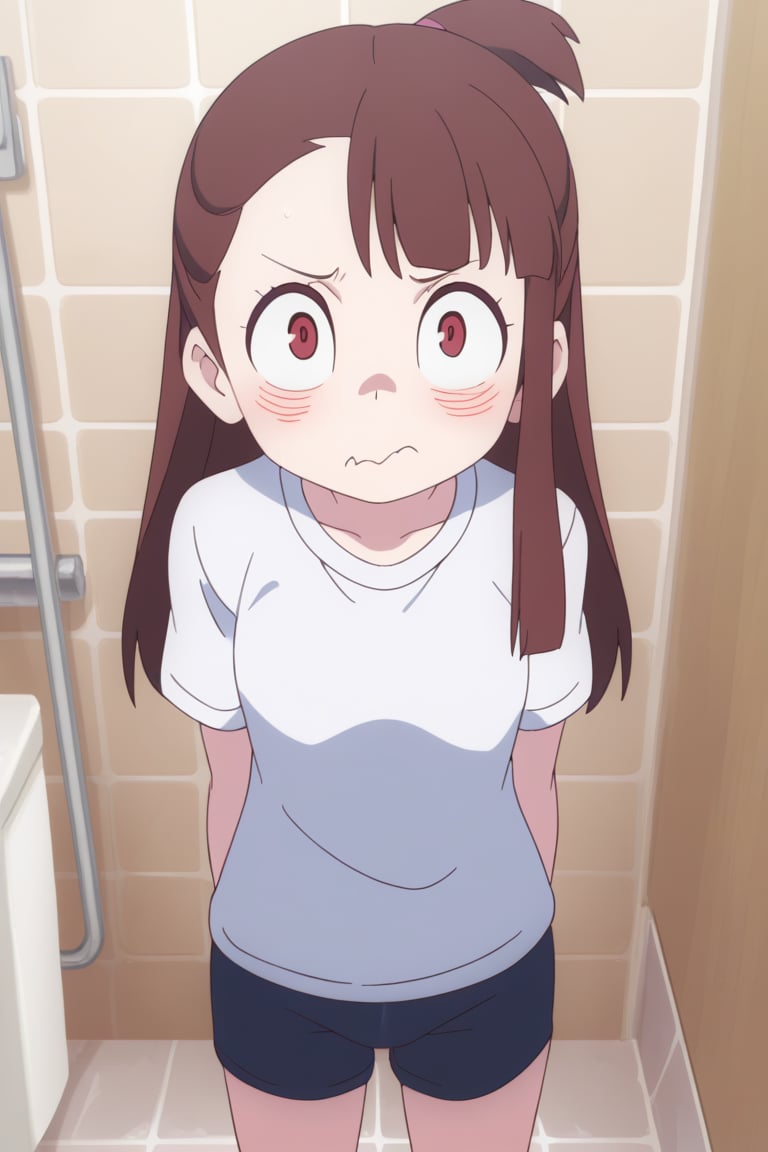 looking at viewer, face focus, solo,Atsuko Kagari, standing, embarassed face, public bathroom, white shirt, black boxer briefs 