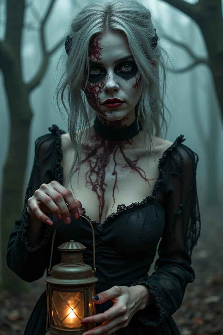 A horrifyingly beautiful female character with decaying makeup, one side of her face painted to reveal exposed "bone" and shadowed flesh, while the other side retains pale, eerie beauty. Her hair is messy and streaked with gray, and her lips are a faded, sickly red. She wears a torn, gothic gown with lace sleeves, holding an old, rusty lantern. The background is a desolate, dark forest, with thick fog rolling between twisted trees, emphasizing her undead but enchanted presence.