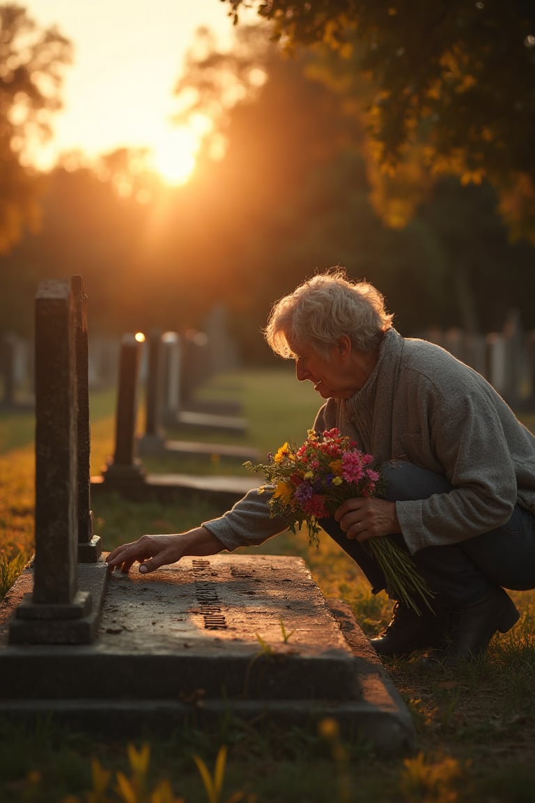 A warm sun casts a golden glow on the somber atmosphere of a war-torn cemetery. A woman, overcome with grief, kneels before the tombstone of her late husband, John Miller. Her fingers tenderly touch his name etched on the stone as she holds freshly picked flowers in her other hand. The bright sunlight contrasts starkly with the mournful scene, highlighting the poignancy of her loss.