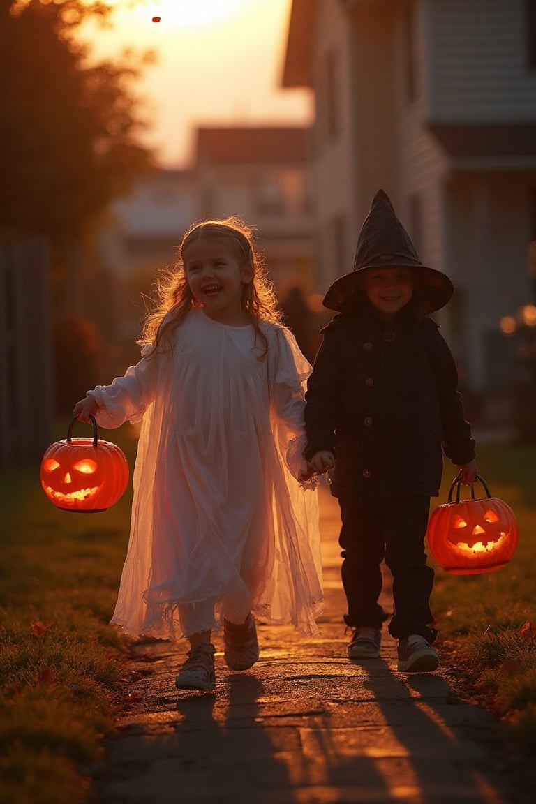 HALLOWEEN COSTUME  Children trick-or-treating on Halloween night, their hands grasping glowing jack-o'-lanterns with inviting smiles. The costumes range from macabre to angelic: a ghostly ghoul carrying a pumpkin basket, a witch cackling with a cauldron-filled sack, and an angelic cherub bearing a basket of treats. The setting sun casts long shadows as the little monsters and sweet-tooths make their way through the neighborhood, collecting candy and making memories.