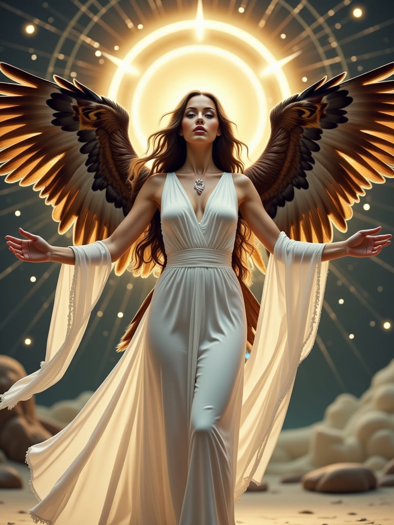 A radiant Virgin signifier stands tall, draped in a flowing white gown. Her arms are outstretched, grasping an eagle's wingspan wide, as the zodiac circle forms a majestic backdrop behind her head. The symbol of Virgo is etched on her forehead, shining like a beacon of celestial guidance.