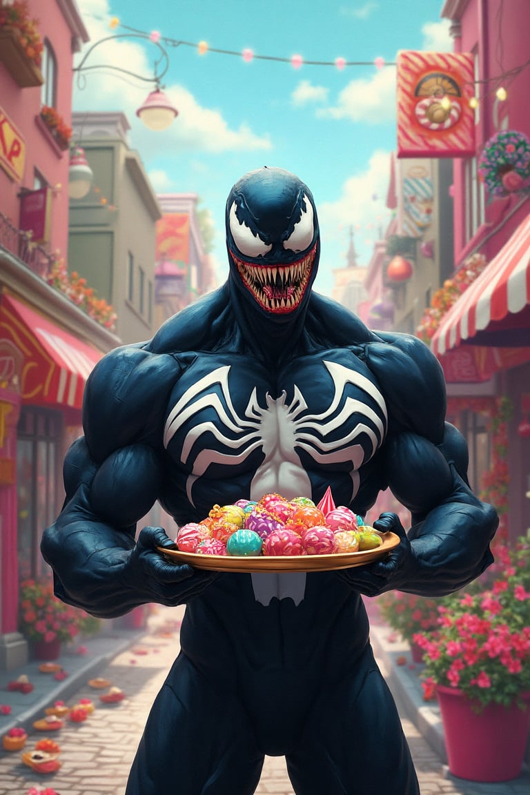 Venom, donning his traditional appearance, stands amidst a vibrant and cheerful backdrop, his menacing gaze momentarily softened as he holds out a tray of colorful sweets. A whimsical cityscape unfolds behind him, with candy-coated buildings and lollipop trees. The atmosphere is playful and inviting, as Venom politely asks for treats from the neighborhood residents.