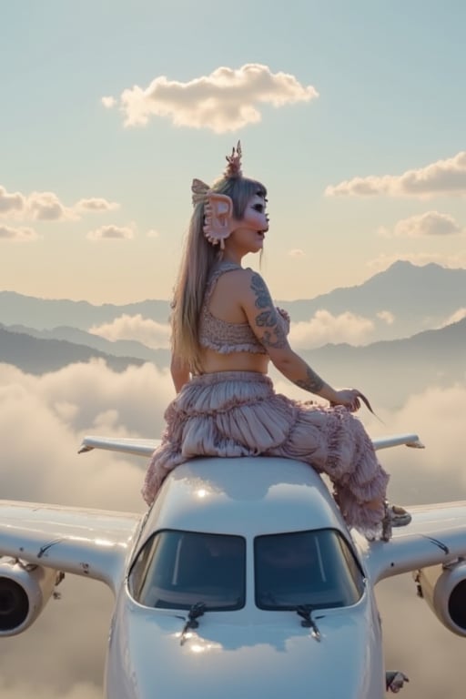  woman on top of an airplane, in the sky, clouds, on top of an airplane