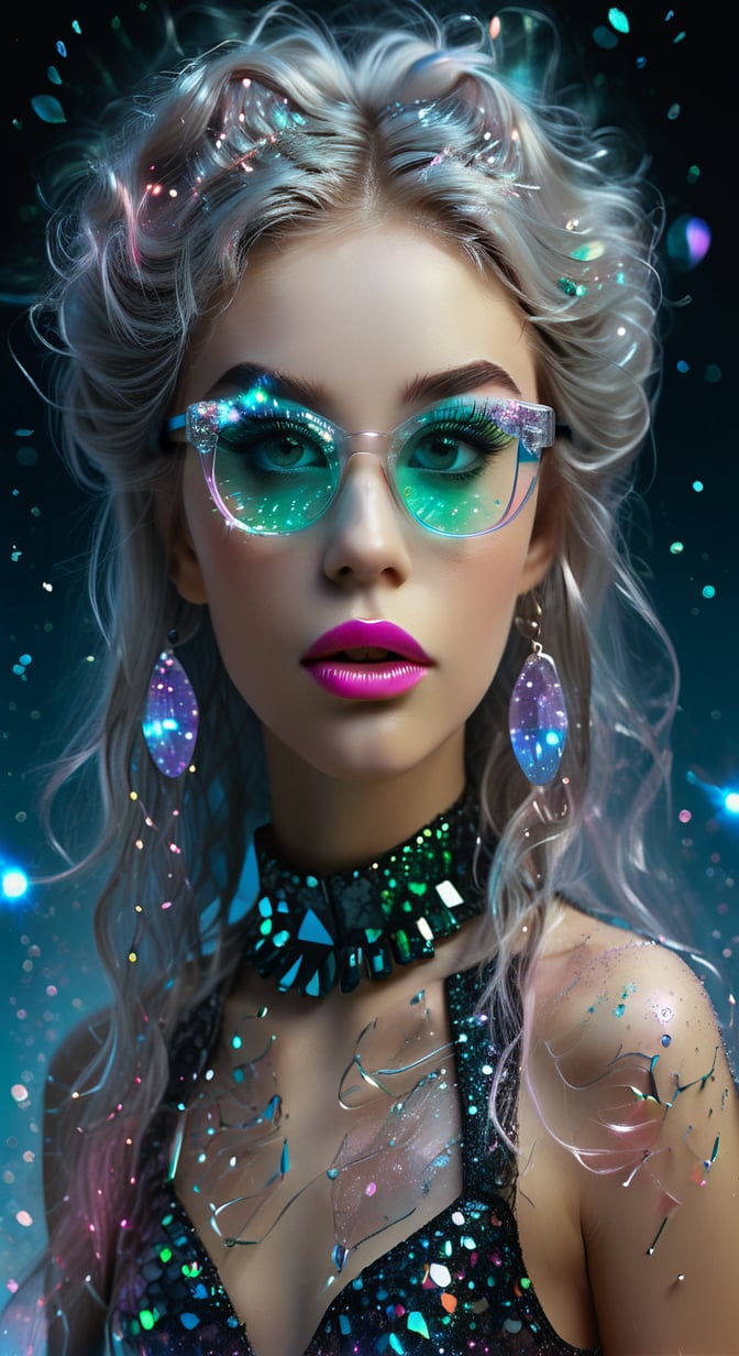 computer portrait of a girl, pink shiny lipstick, green eyes, hyper long eyelash extensions, blue transparent glasses with multi-colored glitter, large silver crystals in the air, Rebranding