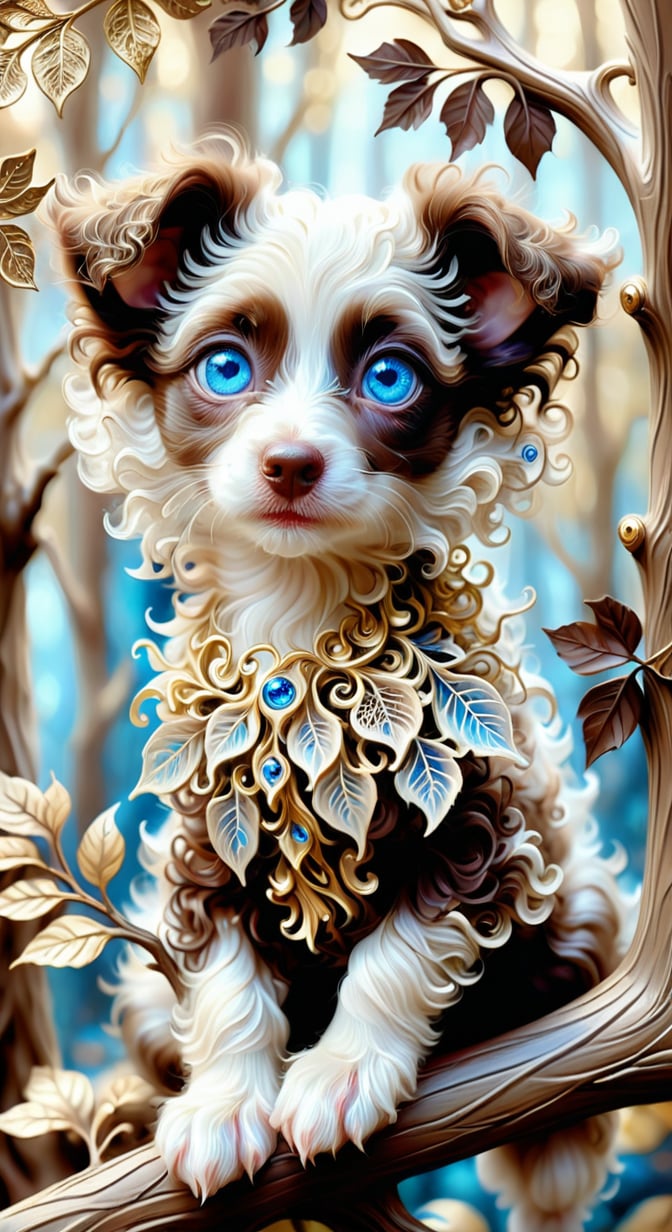 🐶
a fantastic  puppy with blue eyes sits on a tree branch in a fairy-tale forest, beautiful eyelashes. curly wool, close-up, colors dark chocolate+gold,  computer art, digital painting, filigree, botany, hyper-detail, surrealism + fantasy. sepia,  in the style of Cyril Ronaldo. lovel