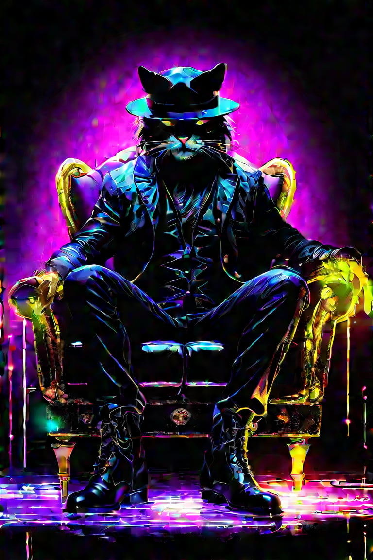 A cool black cat (male) in a hat and boots sits in a luxurious leather chair. Neon lemon+black background. Side view.
naiv + grunge comics+dark fantasy+laser lightning +glitter graphics+opal placer+laser splashes+white neon.