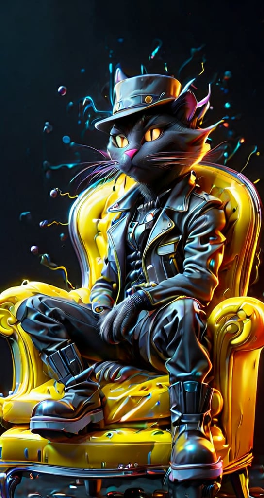 A cool black cat (male) in a hat and boots sits in a luxurious leather chair. Neon lemon+black background. Side view.
naiv + grunge comics+dark fantasy+laser lightning +glitter graphics+opal placer+laser splashes+white neon.