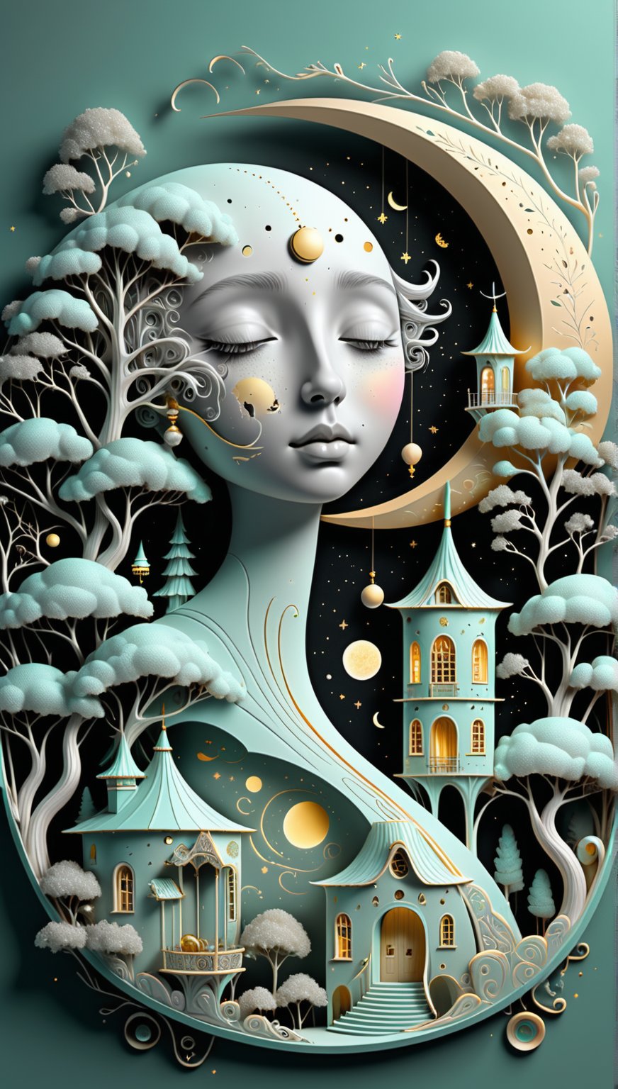 a sleepy crescent moon with a human face, a fabulous three-dimensional illustration, a house, a tree, many small details, monochrome, gold, mint, high detail, clear drawing