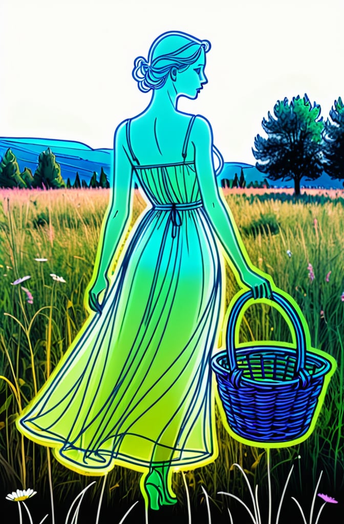 Cian neon outline of a transparent female silhouette in a dress walking through a meadow with a basket. sketch. coloring book. one line. in the graphic style of V. Shorokhov + Jean Cocteau