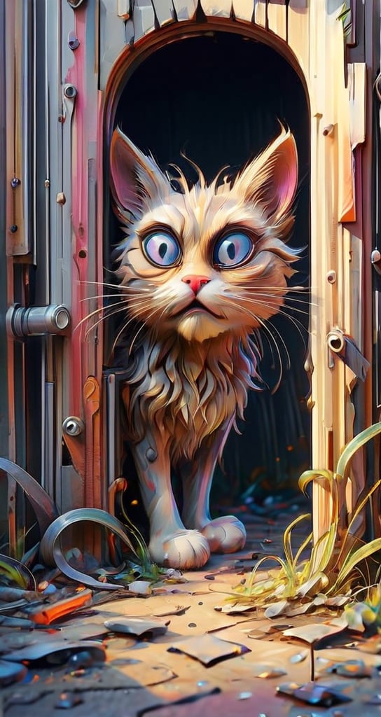 A disheveled yard funny cat peeks out from around the corner, big eyes, scared, emotions caricature, in the style of Monge watercolor colored pencils ink pen humor