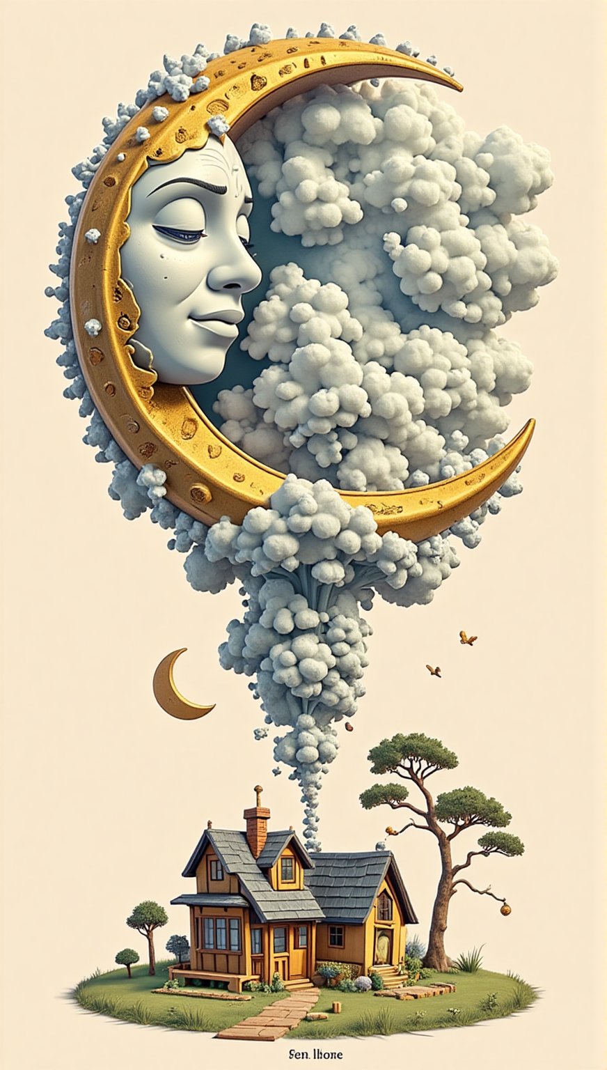 a sleepy crescent moon with a human face, a fabulous three-dimensional illustration, a house, a tree, many small details, monochrome, gold, mint, high detail, clear drawing