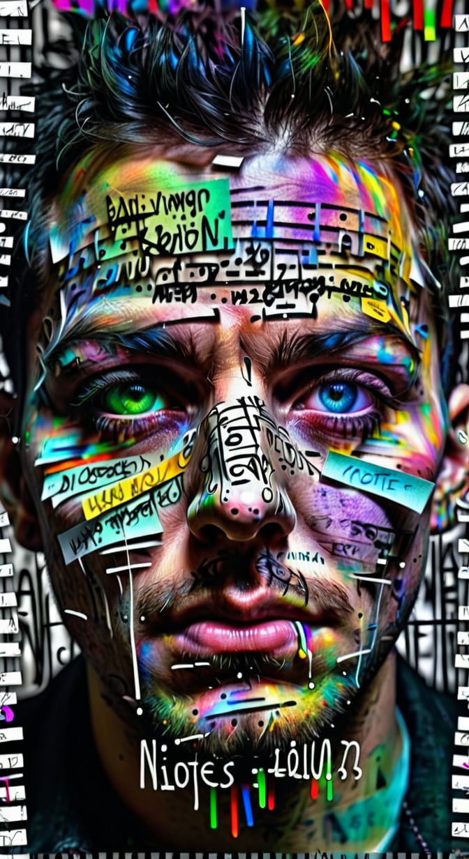 A powerful immersive digital multi-layered composition of an image of a man's face marked with cryptic notes, scribbled words and obsessive piercing gaze and hectic multicolored eyes. Detailed texture and avant-garde+Gothic style.