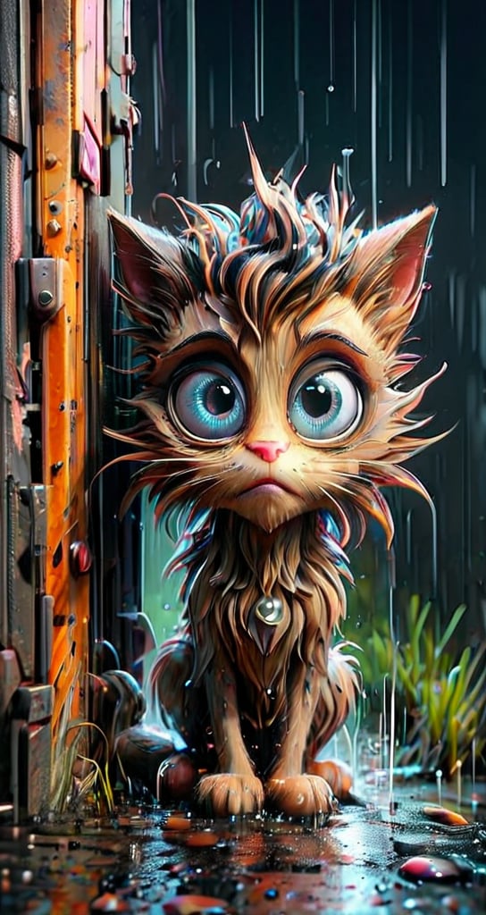 rain. disheveled, unhappy yard cat peeks out from around the corner, big eyes, grunge comic, grotesque. Dark fantasy