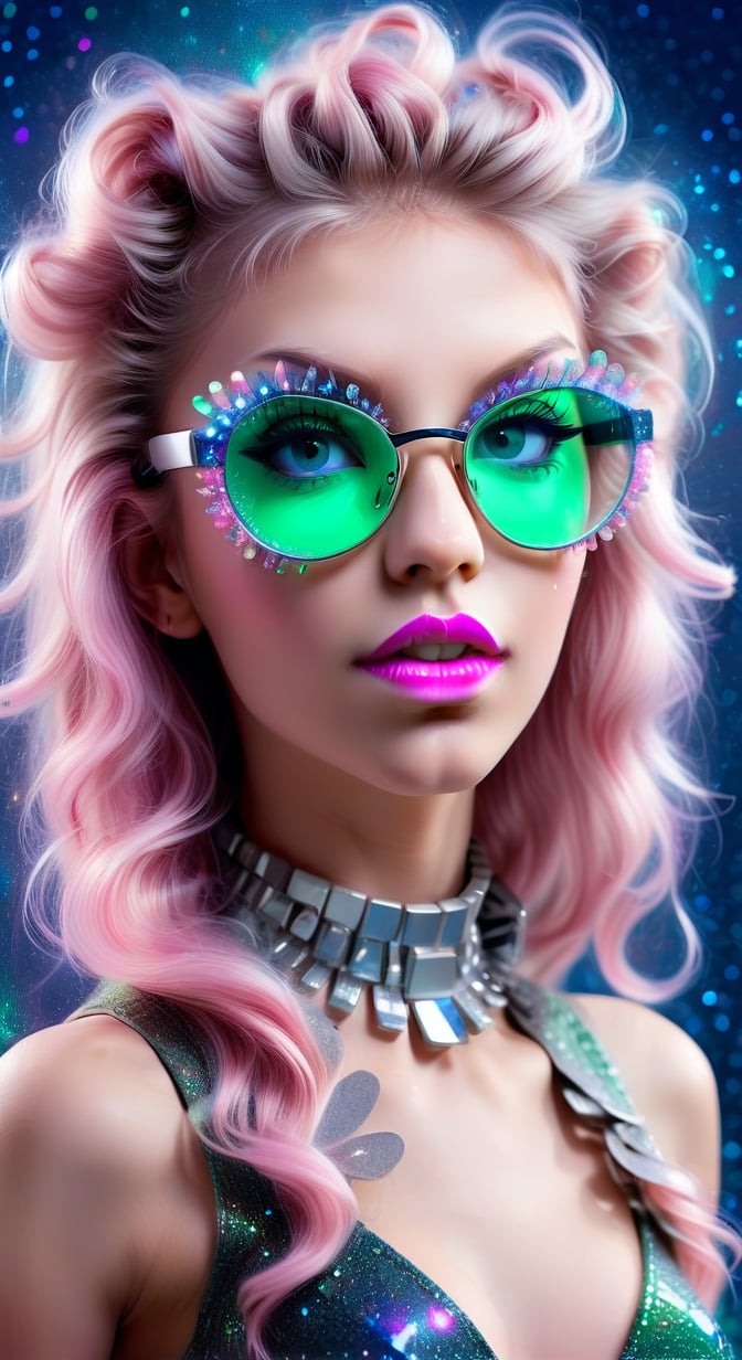 computer portrait of a girl, pink shiny lipstick, green eyes, hyper long eyelash extensions, blue transparent glasses with multi-colored glitter, large silver crystals in the air, Rebranding