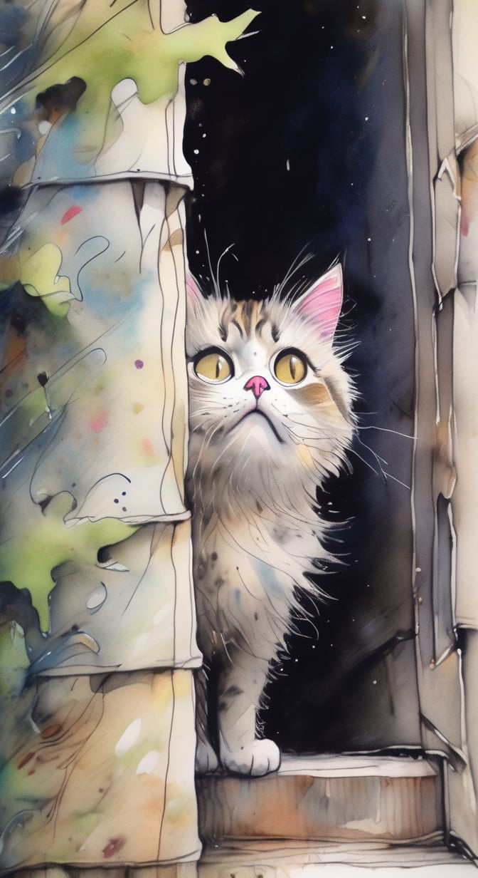 A disheveled yard funny cat peeks out from around the corner, big eyes, scared, emotions caricature, in the style of Monge watercolor colored pencils ink pen humor