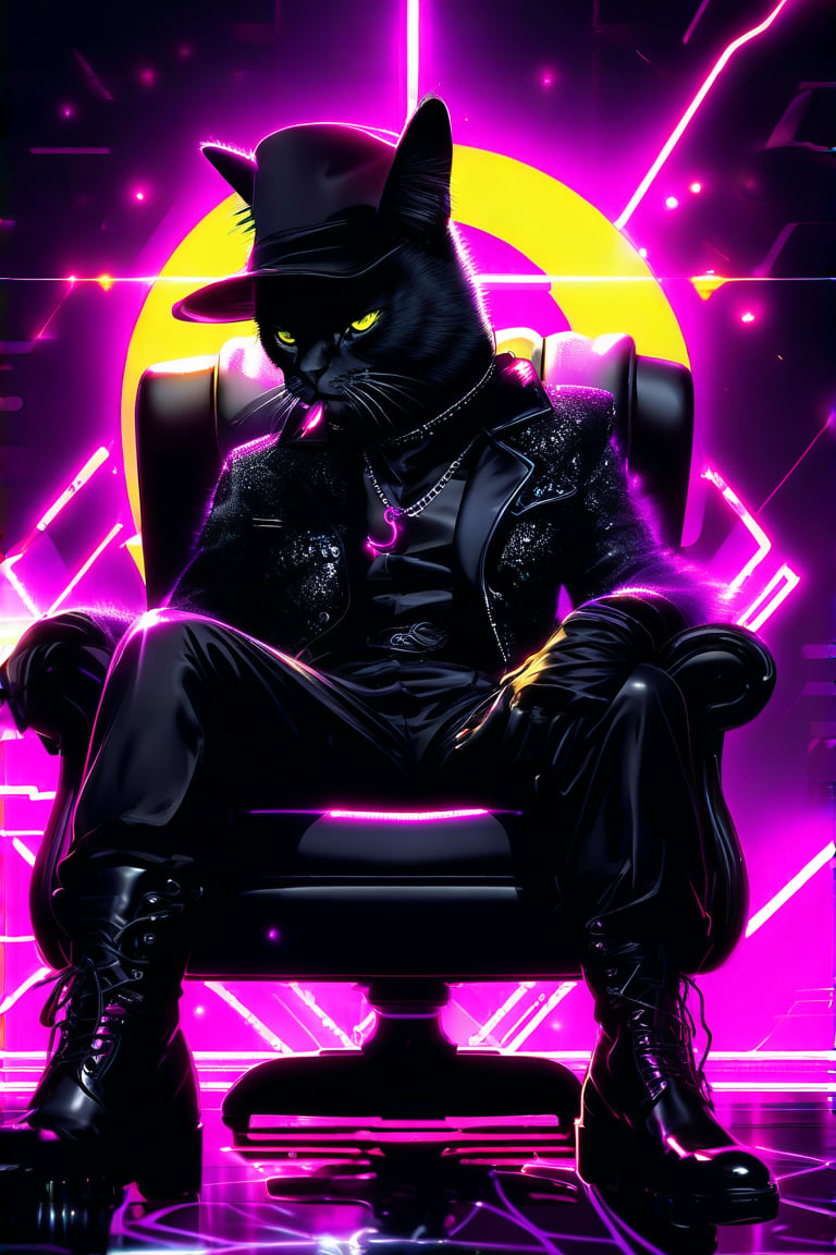 A cool black cat (male) in a hat and boots sits in a luxurious leather chair. Neon lemon+black background. Side view.
naiv + grunge comics+dark fantasy+laser lightning +glitter graphics+opal placer+laser splashes+white neon.