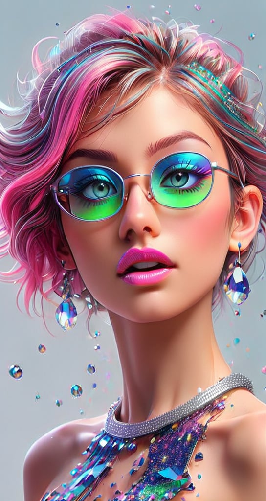 computer portrait of a girl, pink shiny lipstick, green eyes, hyper long eyelash extensions, blue transparent glasses with multi-colored glitter, large silver crystals in the air, Rebranding