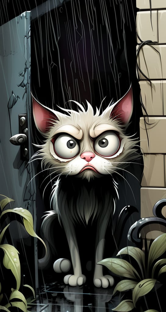 rain. disheveled, unhappy yard cat peeks out from around the corner, big eyes, grunge comic, grotesque. Dark fantasy