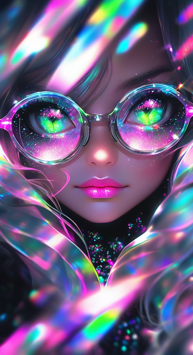 computer portrait of a girl, pink shiny lipstick, green eyes, hyper long eyelash extensions, blue transparent glasses with multi-colored glitter, large silver crystals in the air, Rebranding