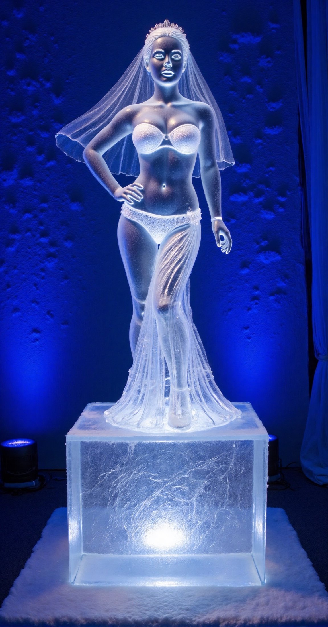 a 3D rendering ice sculpture of a bikini model in a white strapless gown adorned with a veil on her head. The woman is sta...