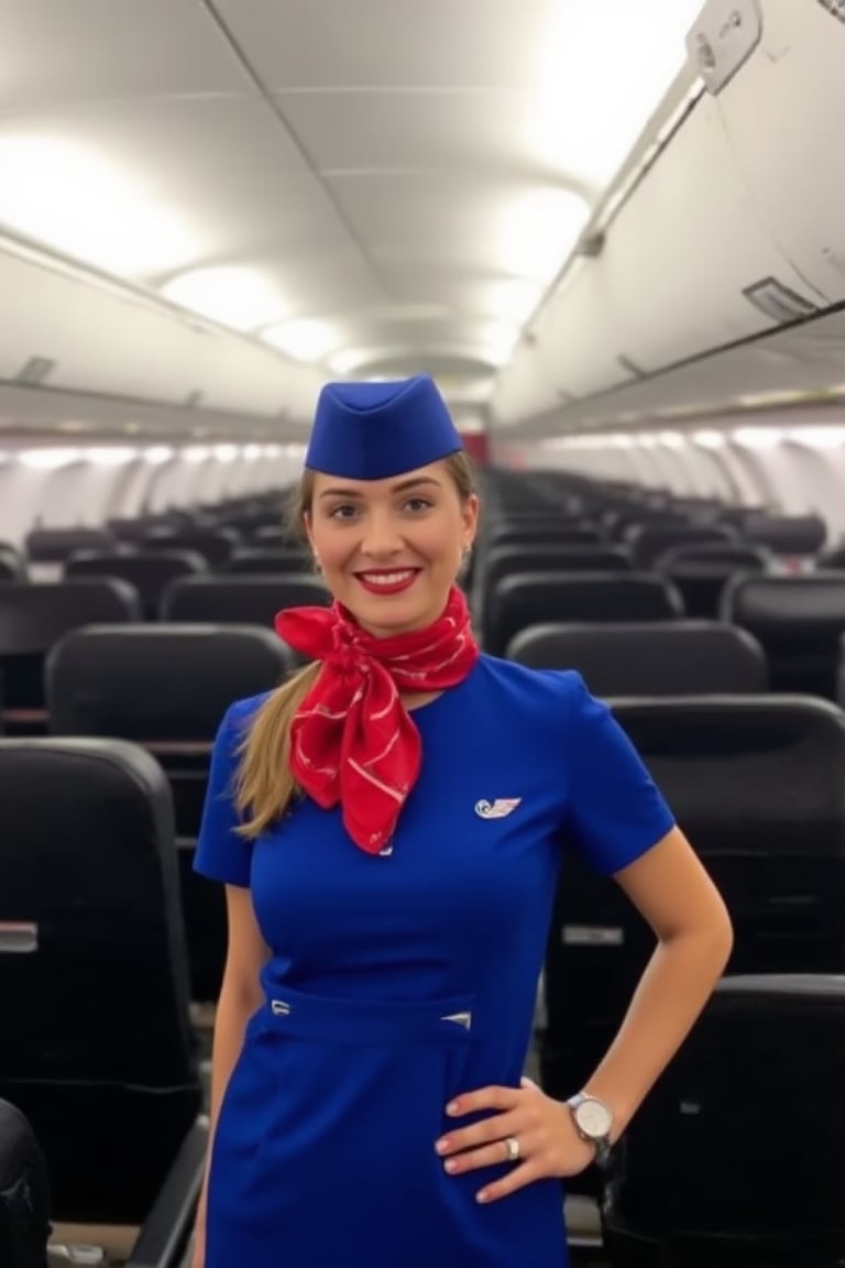 A russian stewardess stands in the aisle of an airplane. She is dressed in a blue dress with a red scarf tied around her neck. Her hair is a ponytail and she is smiling at the camera.  Blue stewardess cap on her head. Red lips. She has a silver wristwatch on her left wrist. The flight attendant's uniform is adorned with a white emblem on the front of her dress. She stands with her left hand on her hip and her right hand is resting on a black seat. The interior of the airplane is lined with rows of black seats. The ceiling of the plane is white, and the lights are turned on.