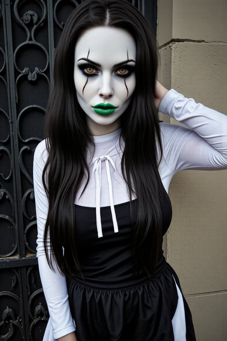 A 3D animated phantom woman stands in front of a black wrought iron gate. She is dressed in a black and white t-shirt with a white collar and long sleeves. Her hair is long and cascades over her shoulders. Her eyes are a piercing green, her lips are pursed in a neutral expression. Her left hand is raised in the air, her right hand resting on her hip. Her right hand is positioned to her right, adding a touch of green to the scene. A phantom halloween makeup in her face,Halloween makeup. White zombie color of her face. Green lips.