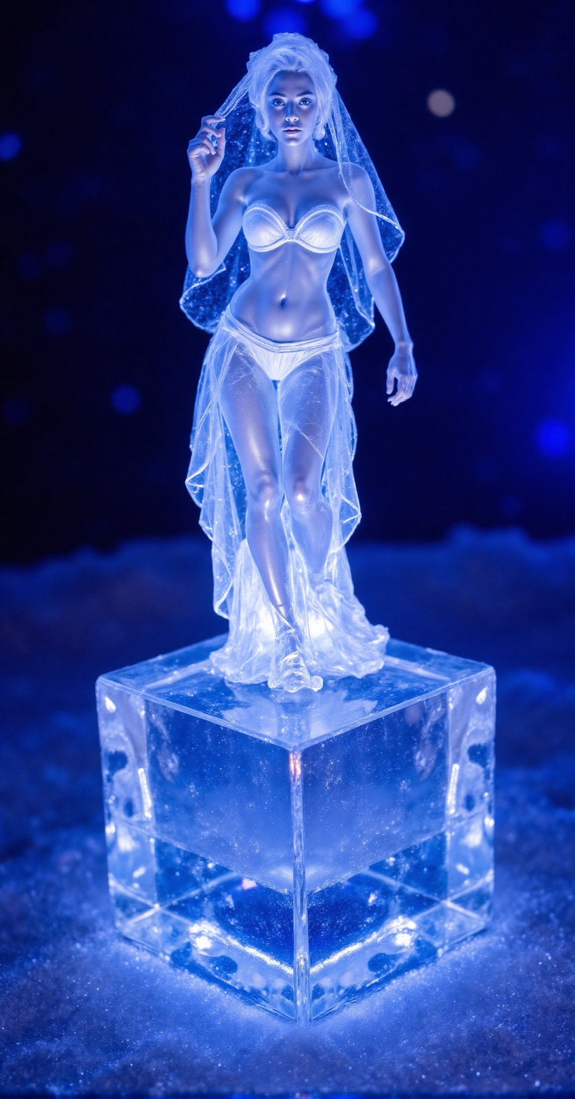 a 3D rendering ice sculpture of a bikini model in a white strapless gown adorned with a veil on her head. The woman is sta...