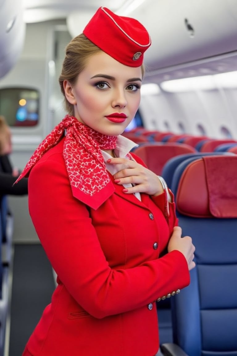 Airplane, airplane interior, Russian stewardess, beautiful face, red lips, red stewardess uniform, red skirt, red stewardess cap, realistic