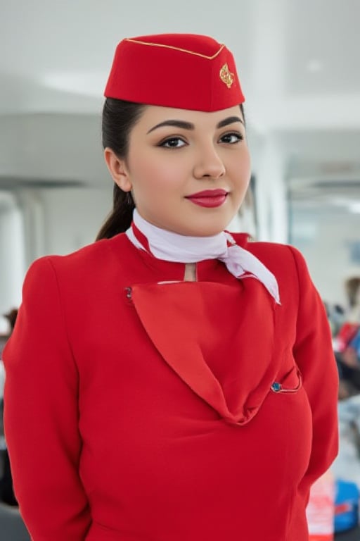 Airplane,Beautiful russian stewardess, Stewardess uniform,Red lips, photo, realistic, stewardess cap