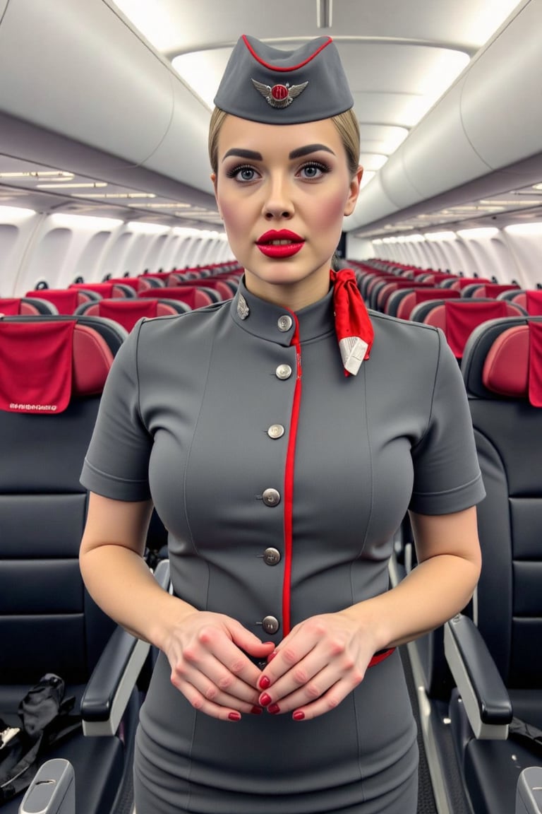 Airplane, airplane interior, Russian stewardess, beautiful face, red lips, grey stewardess uniform, grey skirt, grey stewardess cap, realistic, beautiful hands