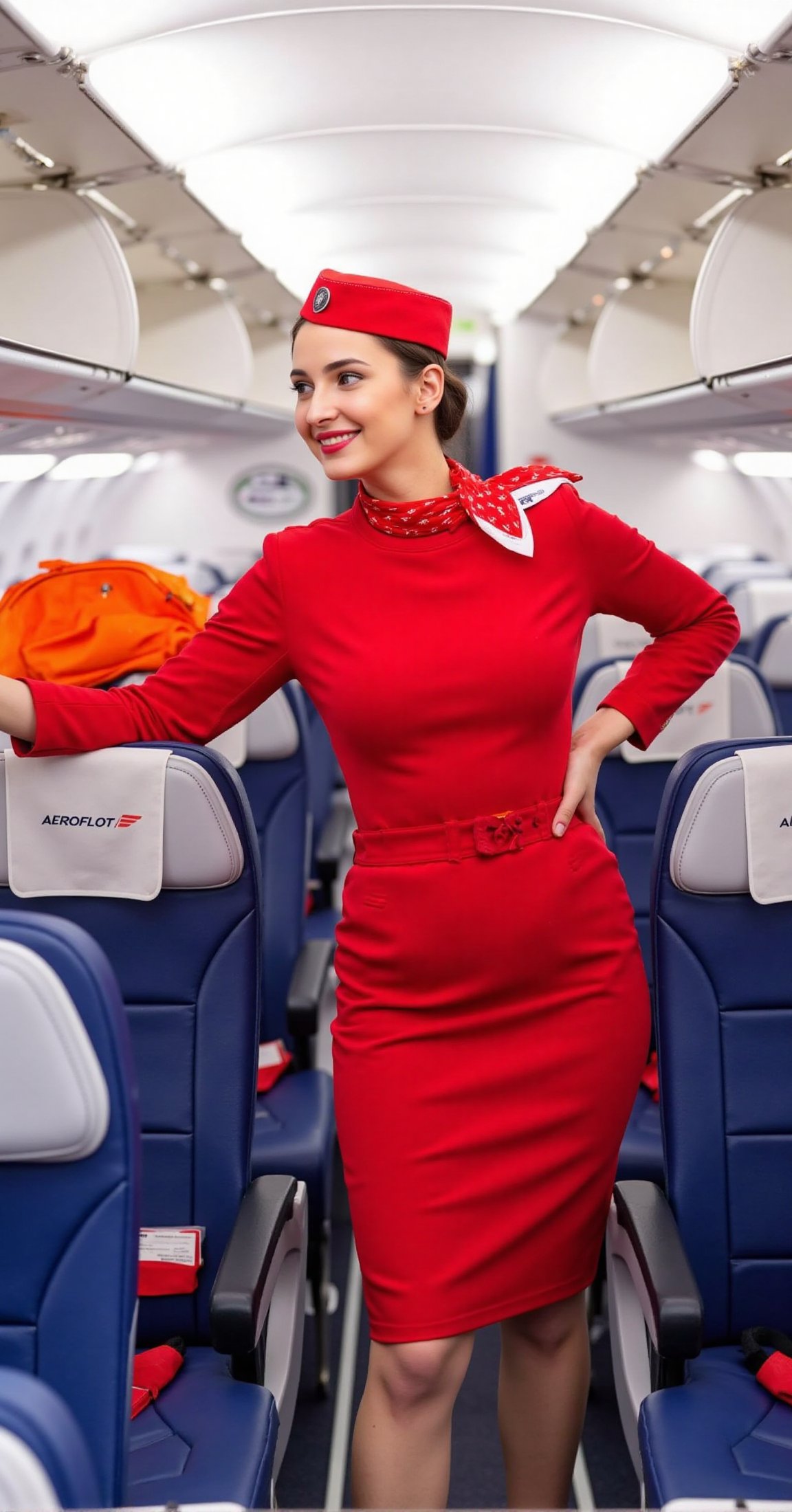 A russian flight attendant,  dressed in a red flight attendant's uniform,  stands in the aisle of an airplane. She is smil...