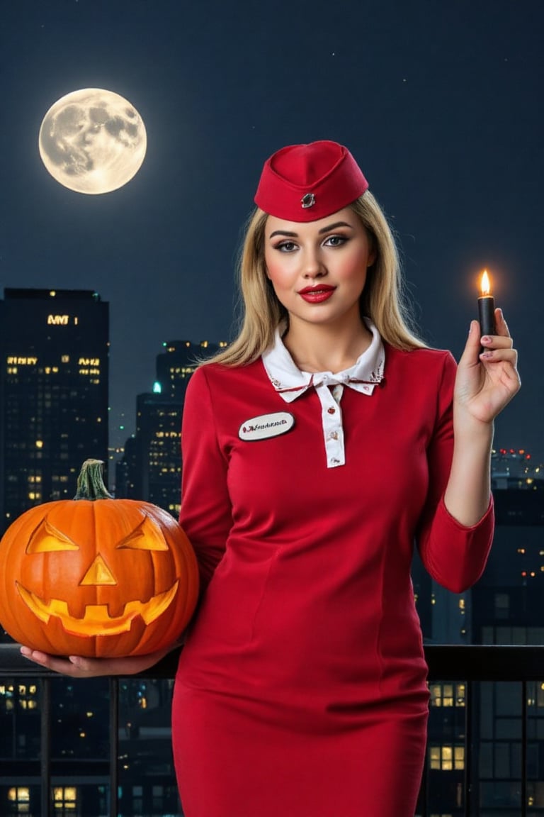 Halloween style. Night. City. Full moon. Beautiful 21 years old russian stewardess girl in red uniform. White text "Anastasia" in her dress. Beautiful face. Red lips. Red stewardes cap in her head. Halloween pumpkin in her left hand. Candle in her right hand. Realistic.