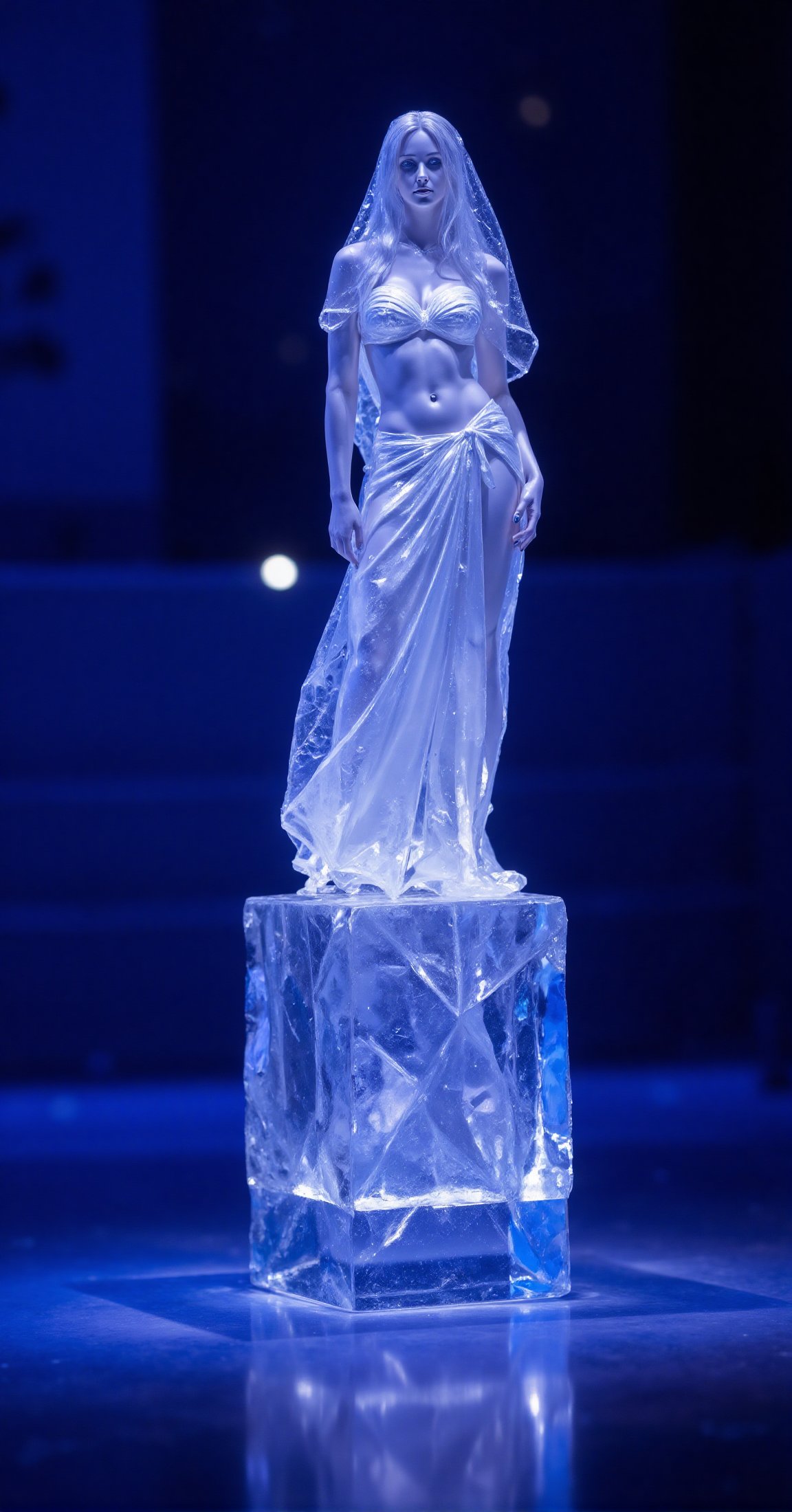 a 3D rendering ice sculpture of a bikini model in a white strapless gown adorned with a veil on her head. The woman is sta...