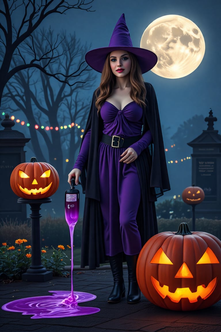 A beautiful witch in  halloween witch costume walked through the cemetery at night. Purple witch hat. She spilled a magic elixir in the cemetery. Full moon. Neon lighted Halloween pumpkin, Halloween style. Magic elixir in her left hand. Spilled purple magical elixir on the ground. Beautiful face. Red lips. Realistic.