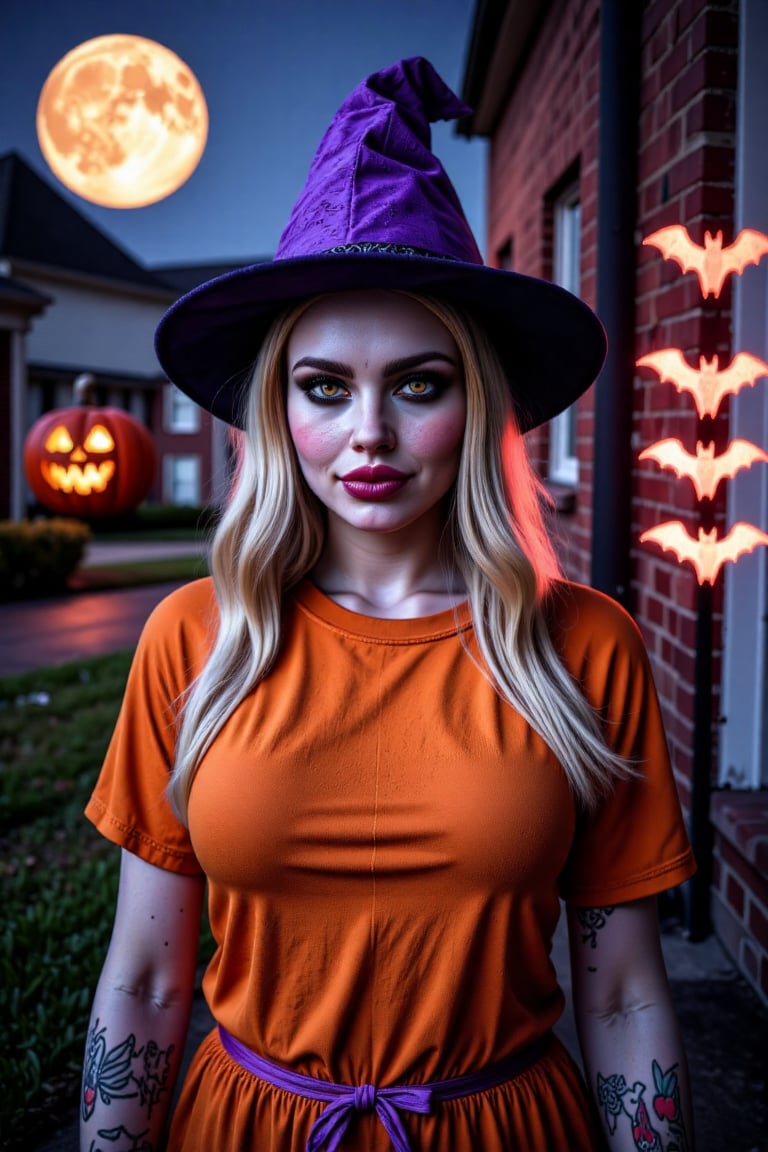 Halloween style. Night. City. Neon lighted moon. Orange neon lighted halloween pumpkin in a left. Three red neon lighted bats in the right. Beautiful 35 years old witch girl in the center. Orange witch halloween costume. Purple witch hat. Red lips.