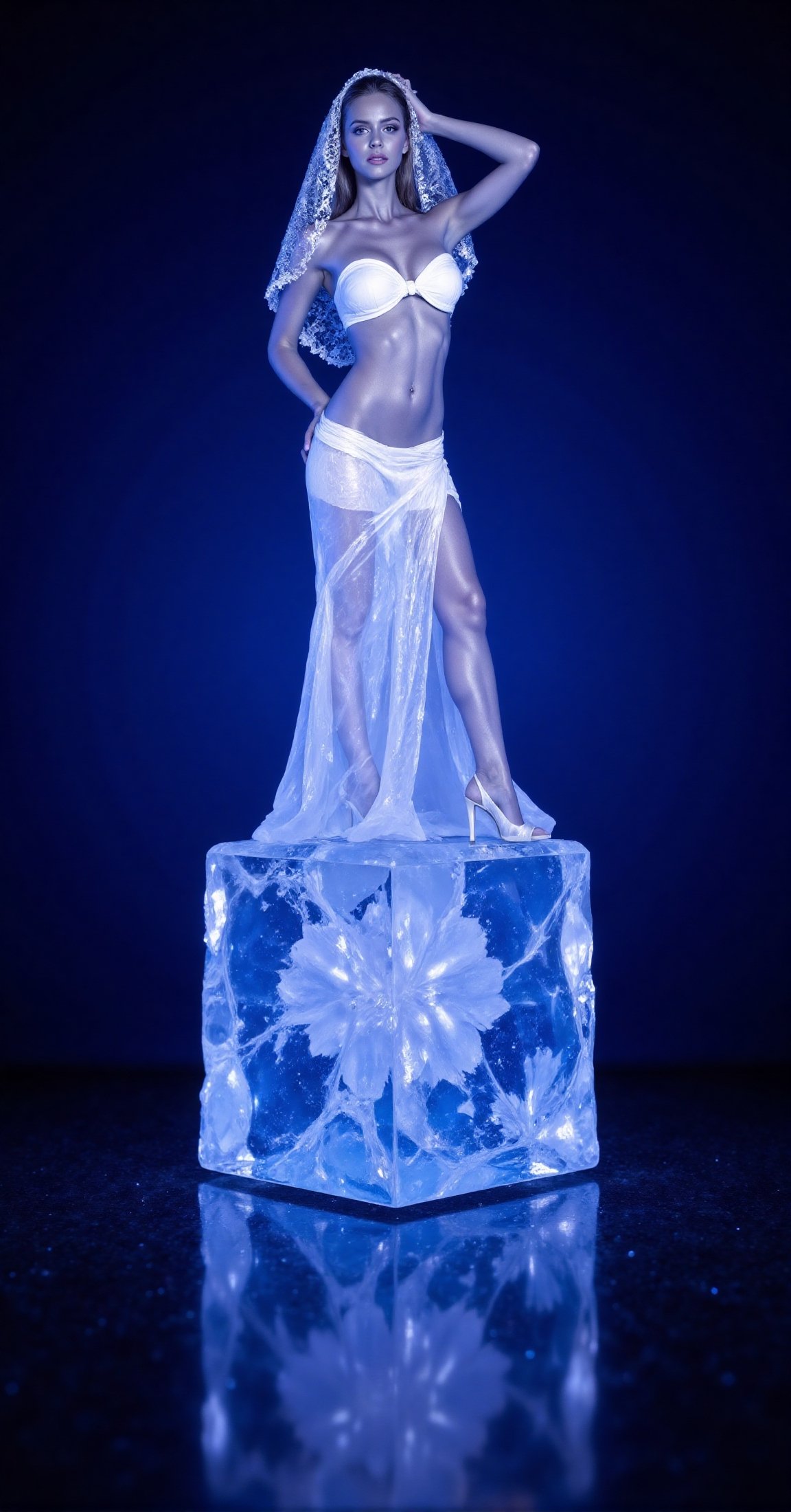 a 3D rendering ice sculpture of a bikini model in a white strapless gown adorned with a veil on her head. The woman is sta...