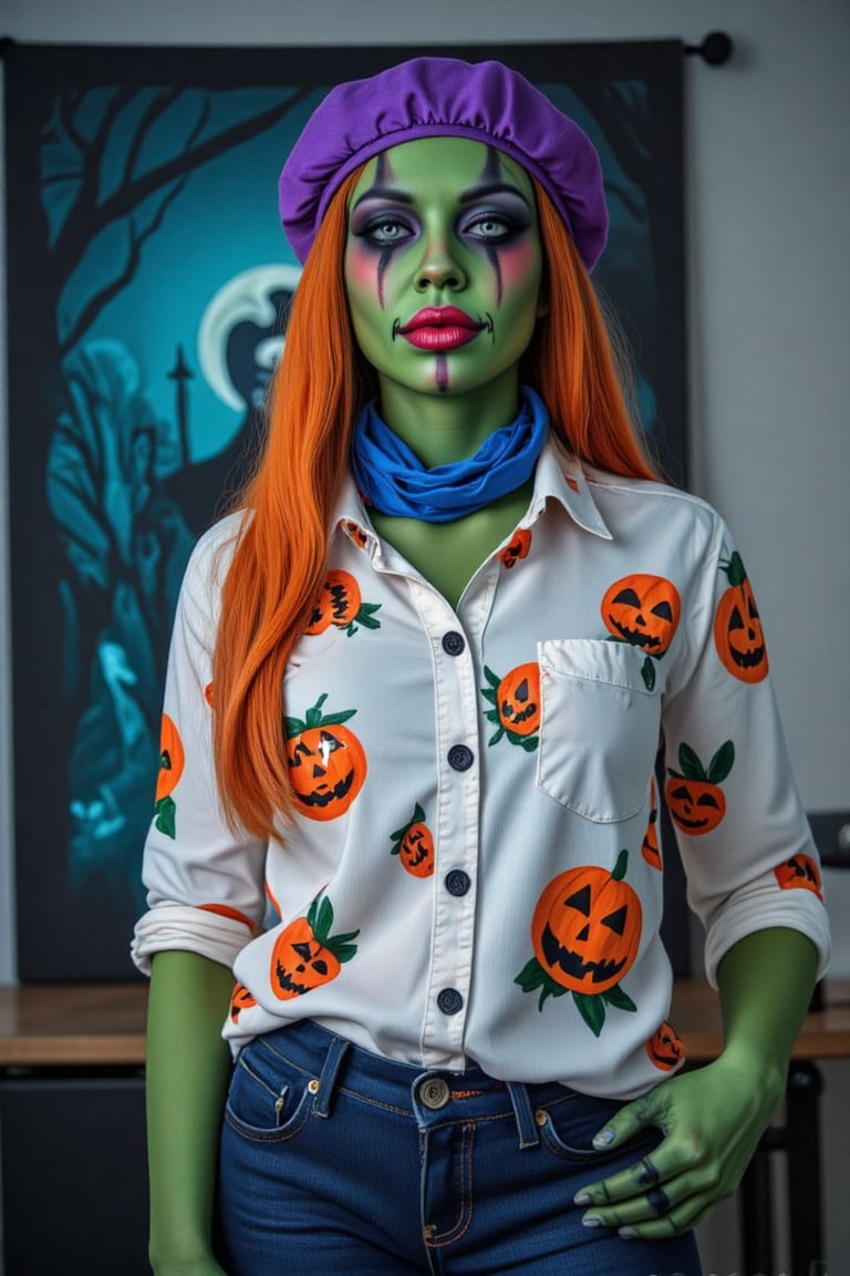 A creepy zombie woman with long orange hair, wearing a halloween style button-down shirt with halloween pumpkin print, a blue scarf around her neck, and a purple cap on her head. The zombie woman's left hand is resting on her hip, adding a touch of touch to the scene. The background is a halloween style creepy painting. Halloween style white and red face makeup. Green creepy body color. Acrylic painted creepy zombie girl.