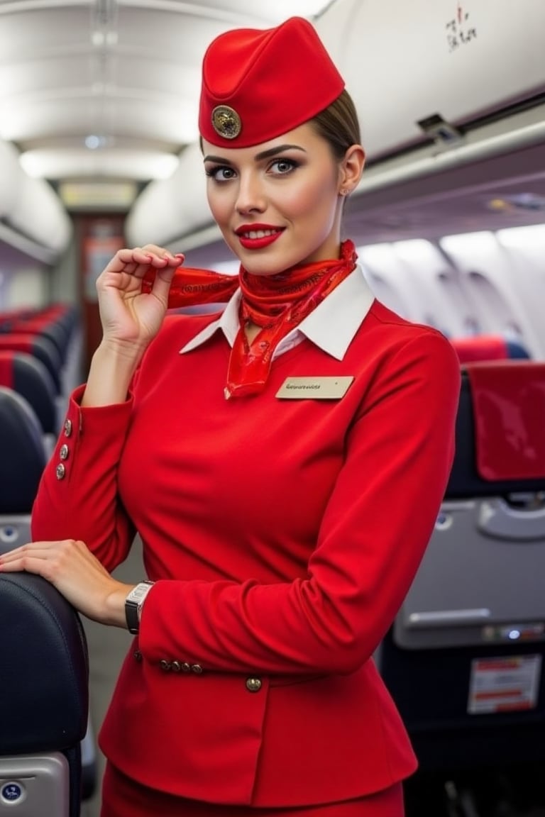 Airplane, airplane interior, Russian stewardess, beautiful face, red lips, red stewardess uniform, red skirt, red stewardess cap, realistic, beautiful hands