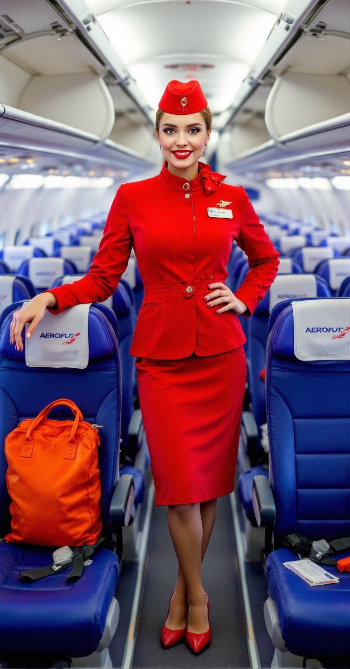 A russian flight attendant,  dressed in a red flight attendant's uniform,  stands in the aisle of an airplane. She is smil...