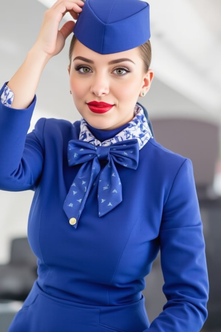 Airplane,Beautiful russian stewardess, Blue Stewardess uniform,Red lips, photo, realistic, stewardess cap, stewardess bow tie, stewardess skirt