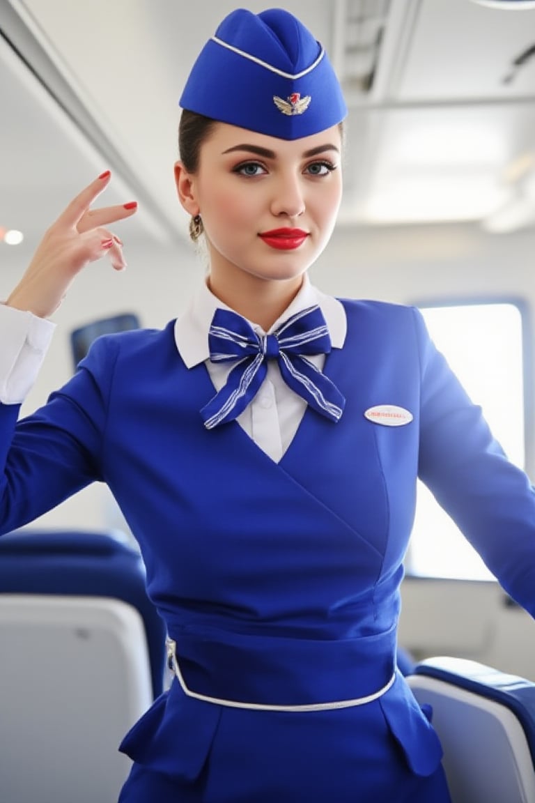 Airplane,Beautiful russian stewardess, Blue Stewardess uniform,Red lips, photo, realistic, stewardess cap, stewardess bow tie, stewardess skirt