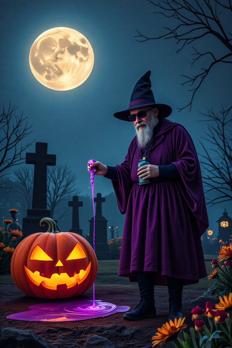 A blind old magician walked through the cemetery at night. He spilled a magic elixir in the cemetery. Full moon. Neon lighted Halloween pumpkin, Halloween style. Magic elixir in his left hand. Spilled purple magical elixir on the ground.