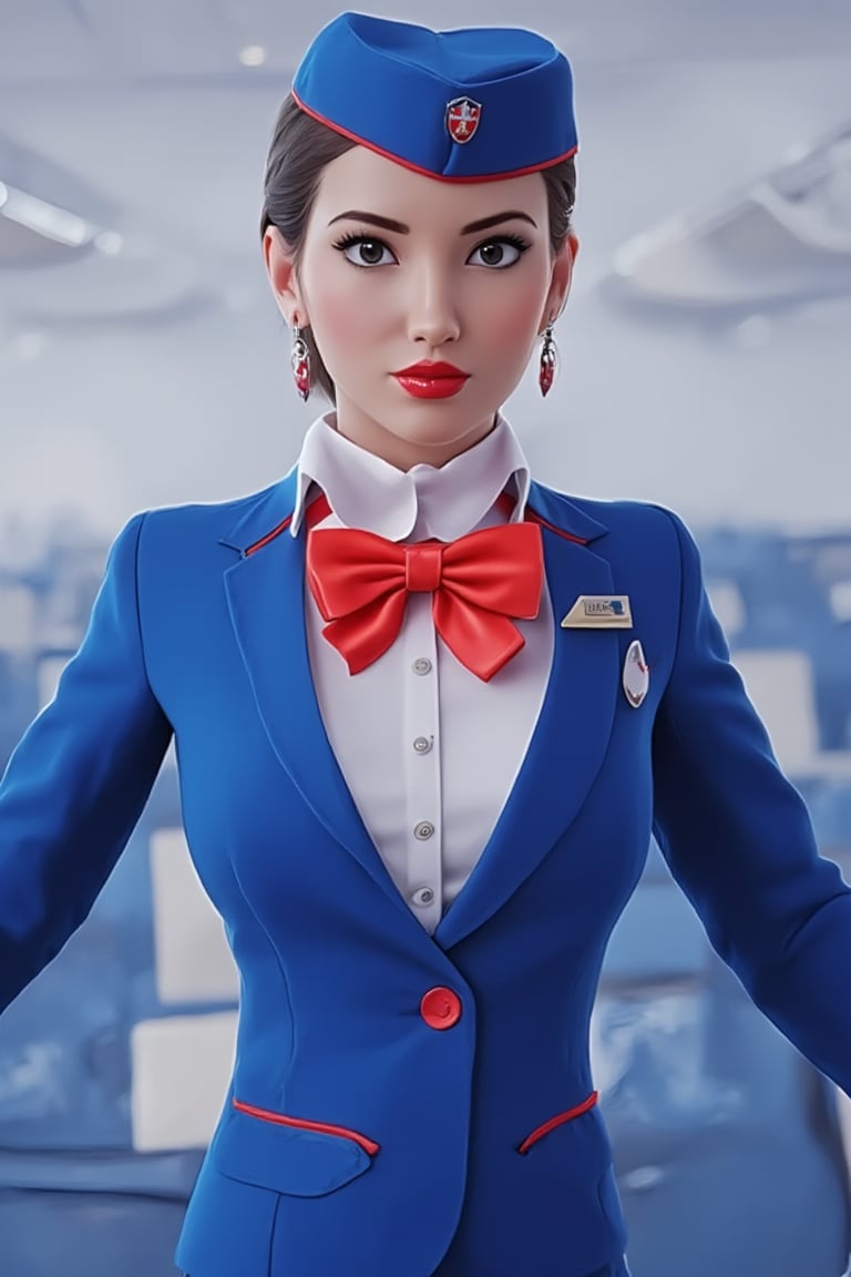 Cartoon, realistic 3d cartoon,Airplane,Beautiful russian stewardess,Stewardess uniform, Blue stewardess jacket, whie blouse, red bow tie, blue stewardess cap, Red lips, 3d model of beautiful Russian stewardess