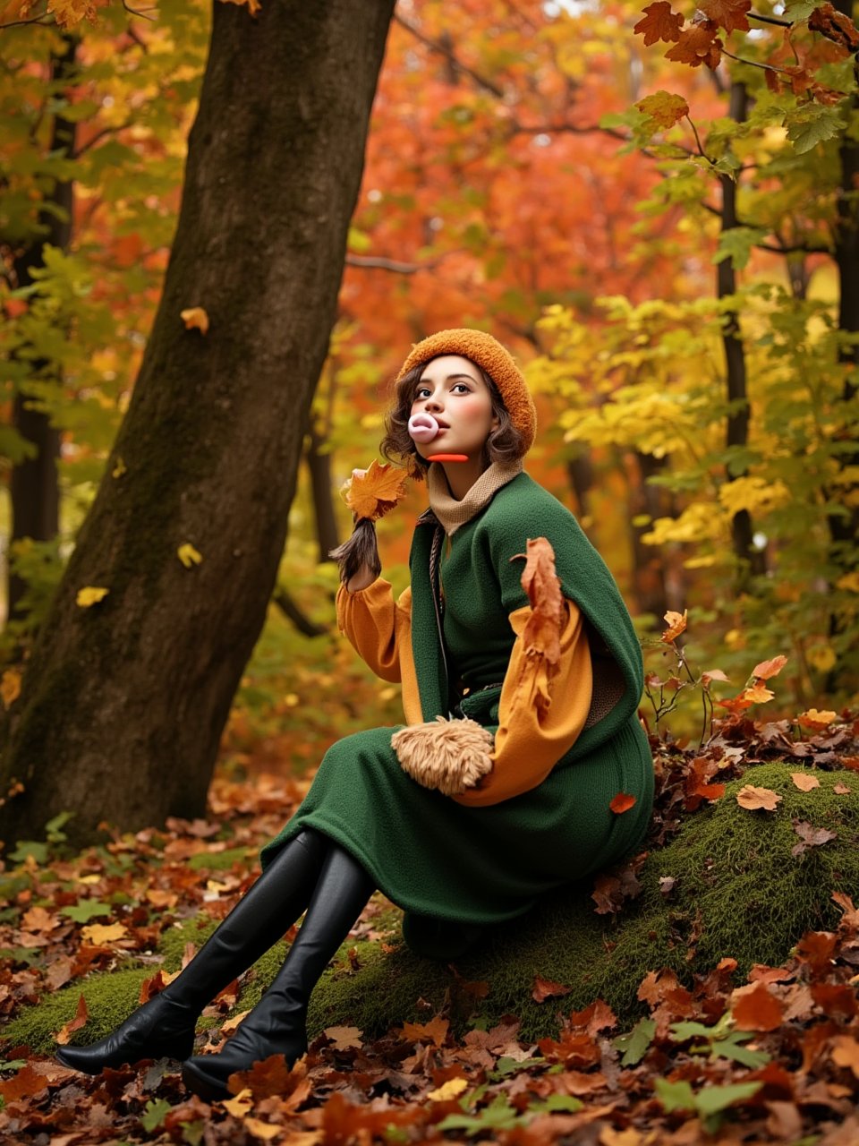 Forrest, beautiful elf girl in a green, red autumn leaves, yellow autumn leaves, orange autumn leaves