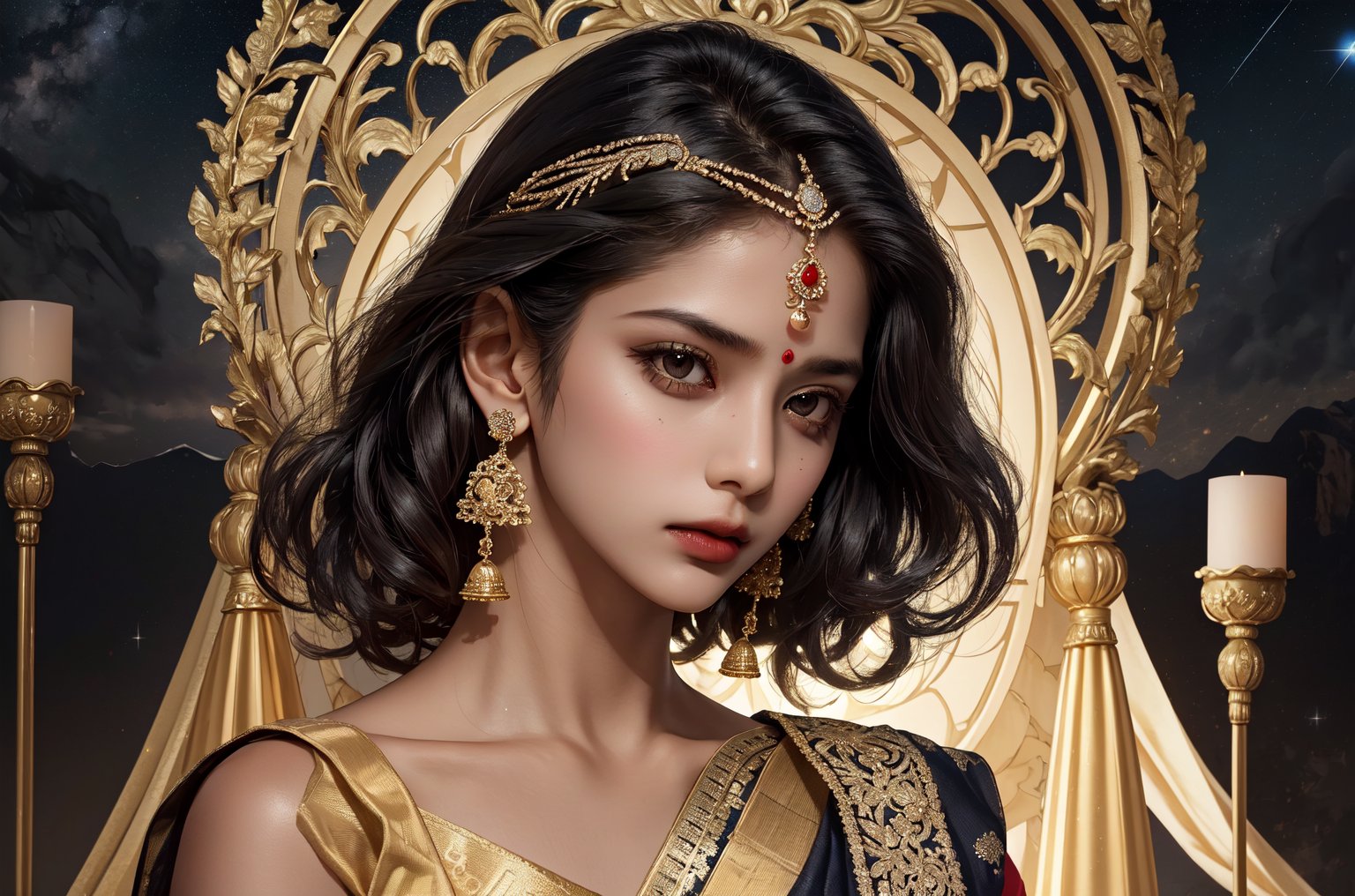 RWA photo, best quality, masterpiece, 8K resolution, ((solo:1.3)), ((1girl)), Indian beautiful teen girl, exquisite facial features, wearing luxurious saree, adorned with elaborate golden earrings and headpiece, ((black short hair)), ((wavy hair)), ((dark skin)), black eyes, serious expression, close up portrait, perfect figure, cinematic lighting, in starlit night with big moon